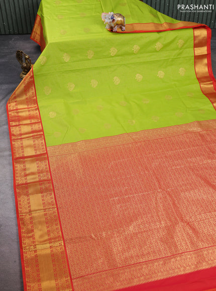 Semi kanchipuram silk saree light green and red with allover small zari checks & buttas and zari woven korvai border