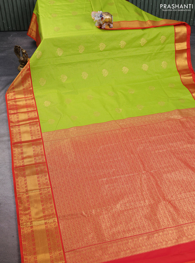 Semi kanchipuram silk saree light green and red with allover small zari checks & buttas and zari woven korvai border