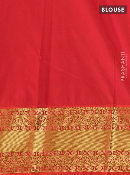 Semi kanchipuram silk saree light green and red with allover small zari checks & buttas and zari woven korvai border