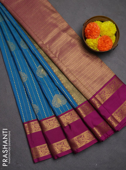 Semi kanchipuram silk saree dual shade of bluish green and magenta pink with allover zari stripe & buttas and rettapet zari woven border