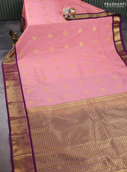 Semi kanchipuram silk saree peach pink and purple with allover zari weaves & buttas and zari woven korvai border