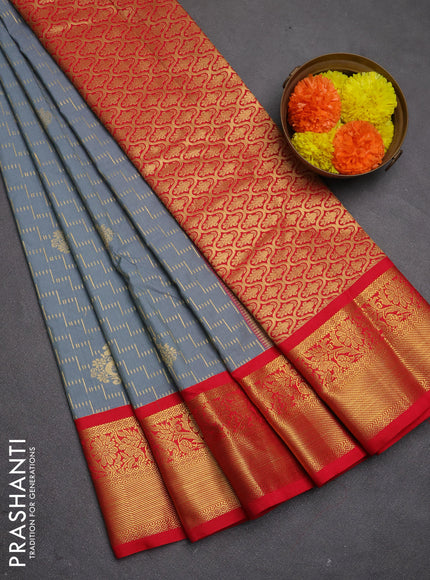 Semi kanchipuram silk saree grey and red with allover zari weaves & buttas and zari woven korvai border