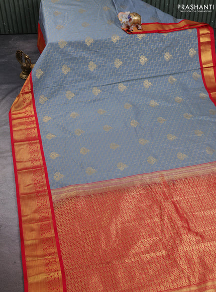 Semi kanchipuram silk saree grey and red with allover zari weaves & buttas and zari woven korvai border