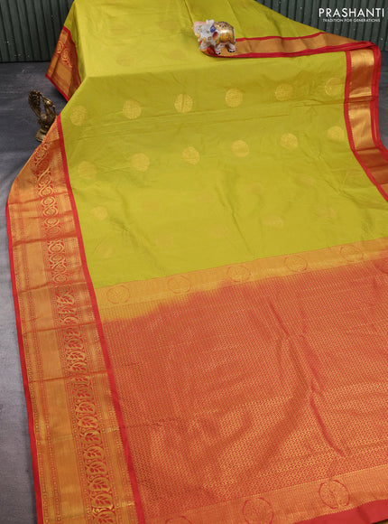 Semi kanchipuram silk saree lime green and red with allover zari weaves & buttas and long zari woven korvai border