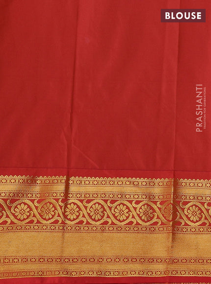 Semi kanchipuram silk saree lime green and red with allover zari weaves & buttas and long zari woven korvai border