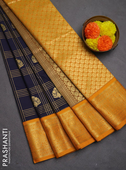 Semi kanchipuram silk saree navy blue and mustard yellow with allover zari checks & buttas and zari woven korvai border
