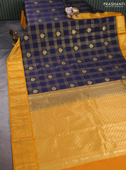 Semi kanchipuram silk saree navy blue and mustard yellow with allover zari checks & buttas and zari woven korvai border