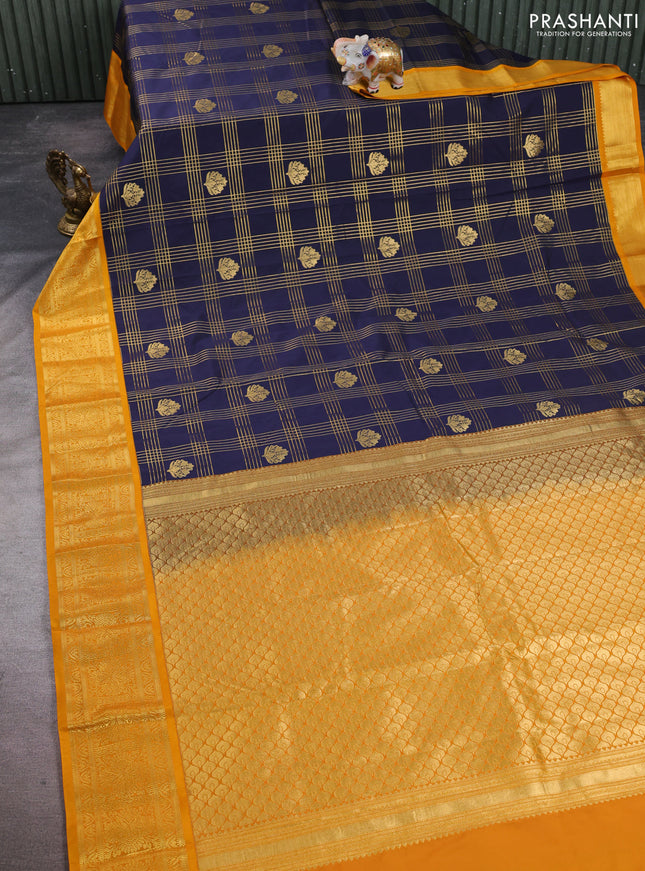 Semi kanchipuram silk saree navy blue and mustard yellow with allover zari checks & buttas and zari woven korvai border
