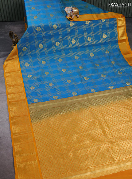 Semi kanchipuram silk saree peacock blue and mustard yellow with allover zari checks & buttas and zari woven korvai border