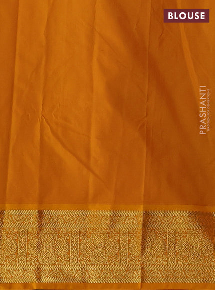 Semi kanchipuram silk saree peacock blue and mustard yellow with allover zari checks & buttas and zari woven korvai border