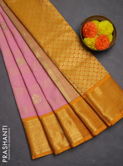Semi kanchipuram silk saree light pink and mustard yellow with allover zari checks & buttas and zari woven korvai border