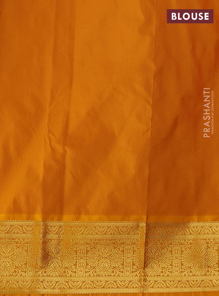 Semi kanchipuram silk saree light pink and mustard yellow with allover zari checks & buttas and zari woven korvai border