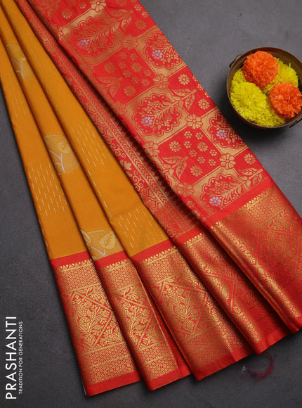 Semi kanchipuram silk saree dark mustard and orange with allover zari weaves & buttas and long zari woven korvai border