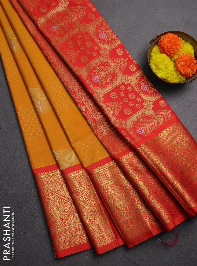 Semi kanchipuram silk saree dark mustard and orange with allover zari weaves & buttas and long zari woven korvai border