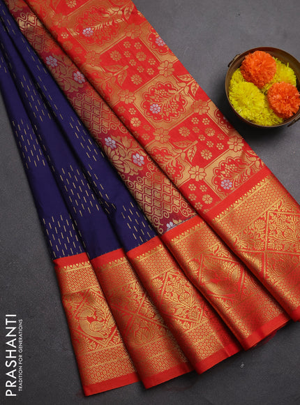 Semi kanchipuram silk saree navy blue and orange with allover zari weaves & buttas and zari woven korvai border