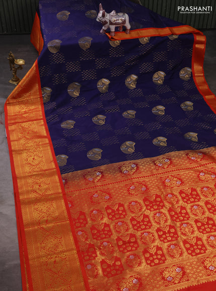 Semi kanchipuram silk saree navy blue and orange with allover zari weaves & buttas and zari woven korvai border