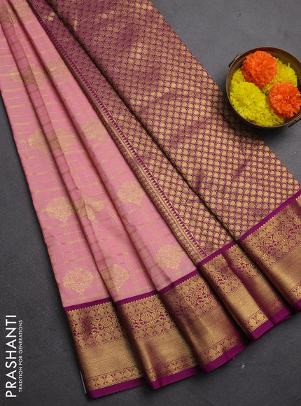 Semi kanchipuram silk saree peach pink and magenta pink with allover small zari checks & buttas and zari woven border