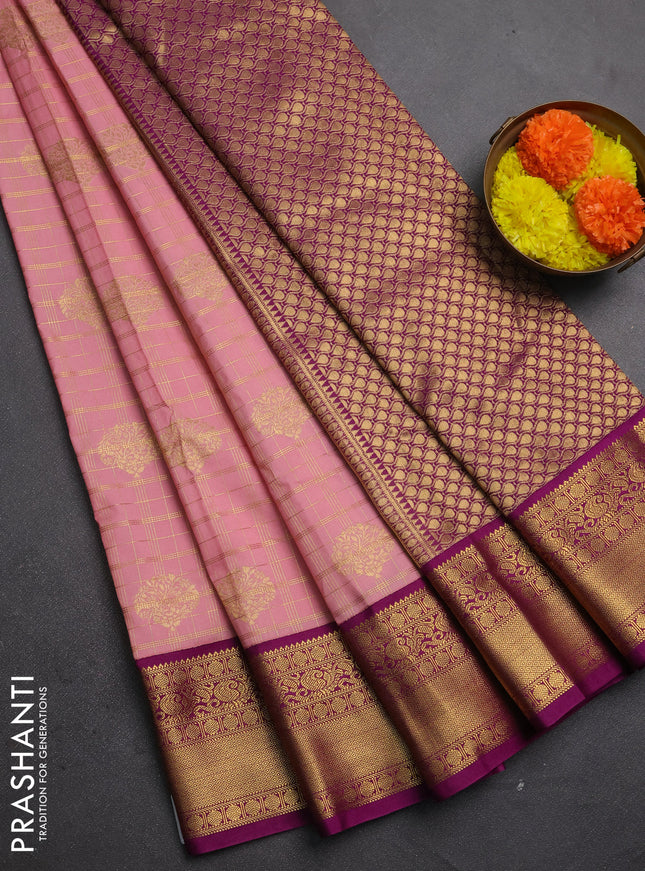 Semi kanchipuram silk saree peach pink and magenta pink with allover small zari checks & buttas and zari woven border