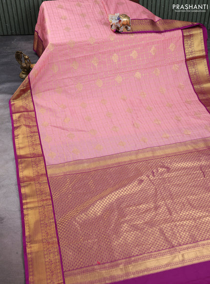 Semi kanchipuram silk saree peach pink and magenta pink with allover small zari checks & buttas and zari woven border