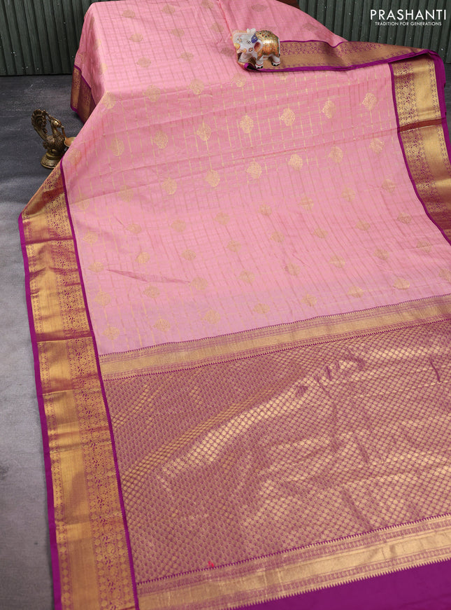 Semi kanchipuram silk saree peach pink and magenta pink with allover small zari checks & buttas and zari woven border