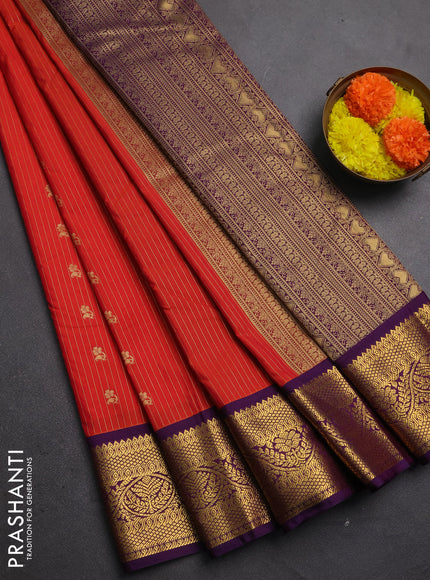 Semi kanchipuram silk saree red and purple with allover zari stripes & buttas and zari woven border