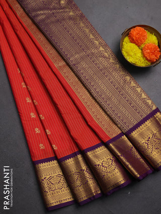 Semi kanchipuram silk saree red and purple with allover zari stripes & buttas and zari woven border