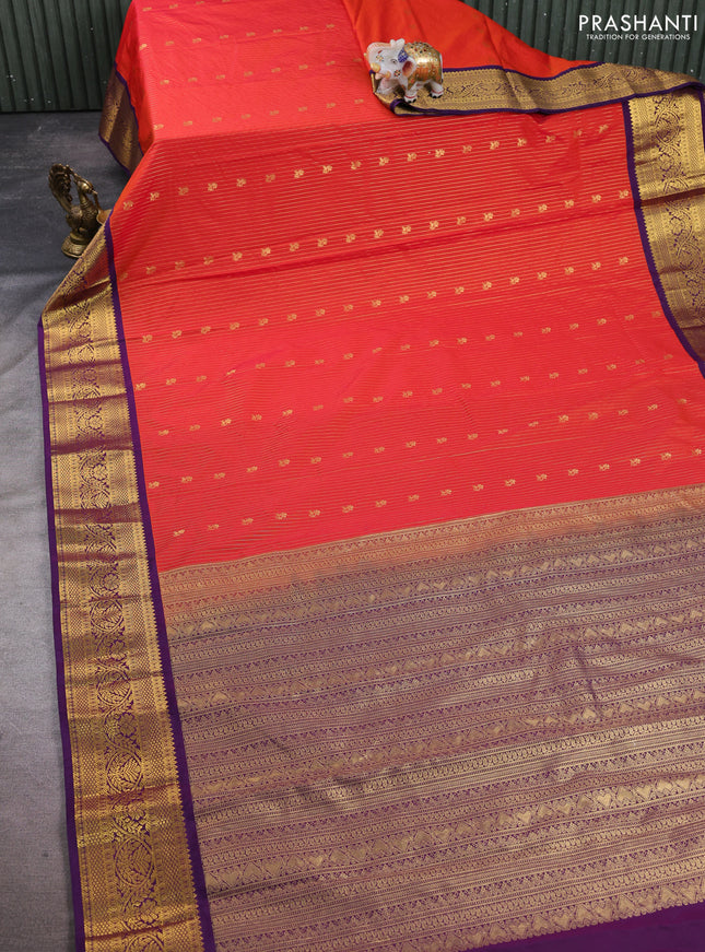 Semi kanchipuram silk saree red and purple with allover zari stripes & buttas and zari woven border