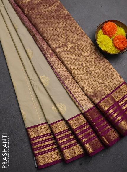 Semi kanchipuram silk saree beige and magenta pink with allover zari stripes & buttas and zari woven border