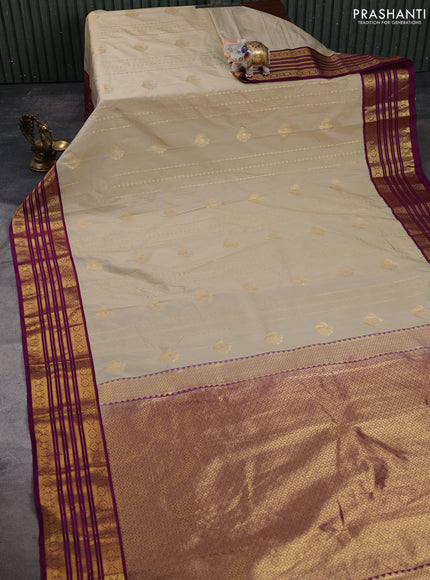 Semi kanchipuram silk saree beige and magenta pink with allover zari stripes & buttas and zari woven border