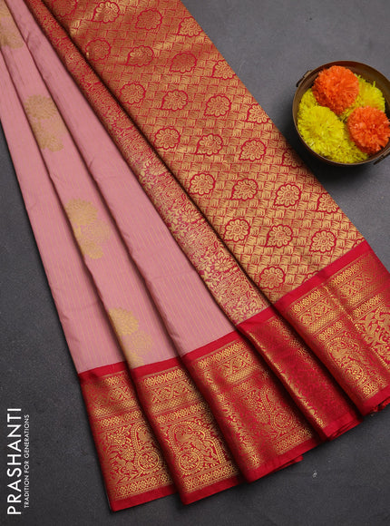 Semi kanchipuram silk saree peach pink and tomato pink with allover zari stripes & buttas and zari woven border