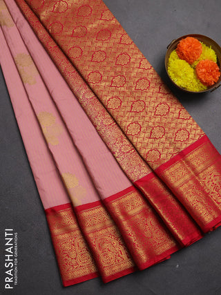 Semi kanchipuram silk saree peach pink and tomato pink with allover zari stripes & buttas and zari woven border