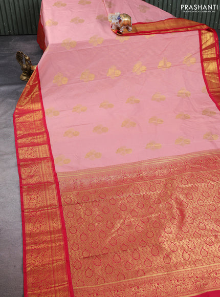 Semi kanchipuram silk saree peach pink and tomato pink with allover zari stripes & buttas and zari woven border