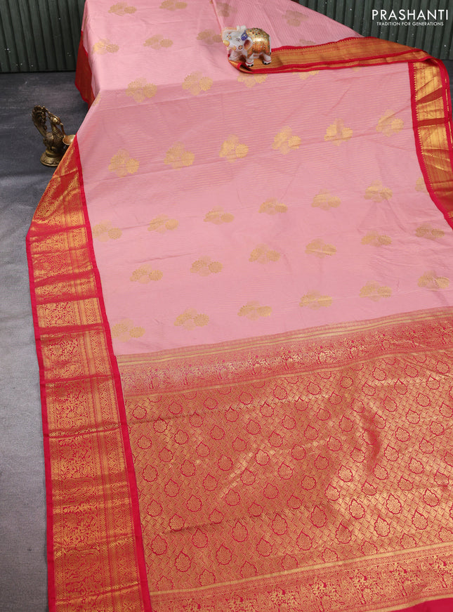 Semi kanchipuram silk saree peach pink and tomato pink with allover zari stripes & buttas and zari woven border