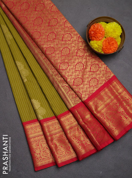Semi kanchipuram silk saree mehendi green and red with allover zari stripes & buttas and zari woven border