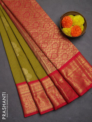 Semi kanchipuram silk saree mehendi green and red with allover zari stripes & buttas and zari woven border