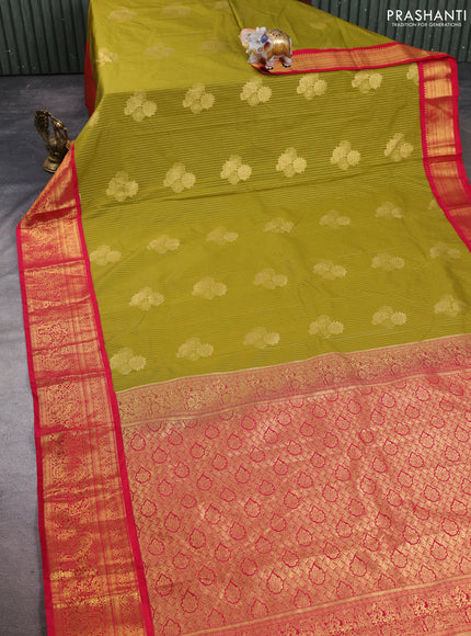 Semi kanchipuram silk saree mehendi green and red with allover zari stripes & buttas and zari woven border