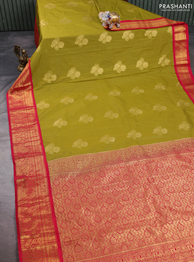 Semi kanchipuram silk saree mehendi green and red with allover zari stripes & buttas and zari woven border