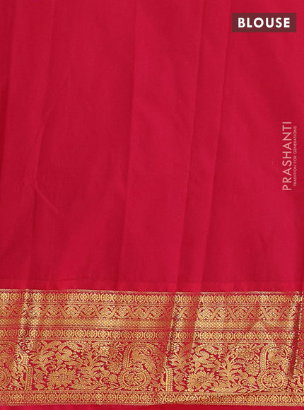 Semi kanchipuram silk saree mehendi green and red with allover zari stripes & buttas and zari woven border