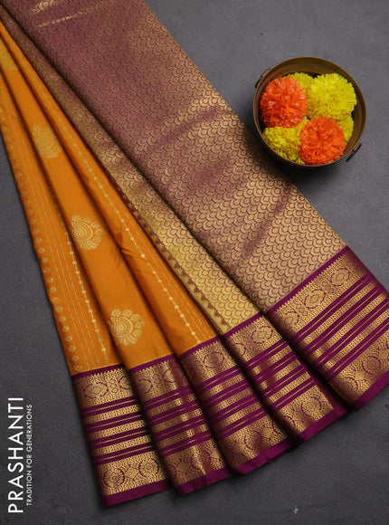 Semi kanchipuram silk saree mustard yellow and magenta pink with zari woven buttas and zari woven border