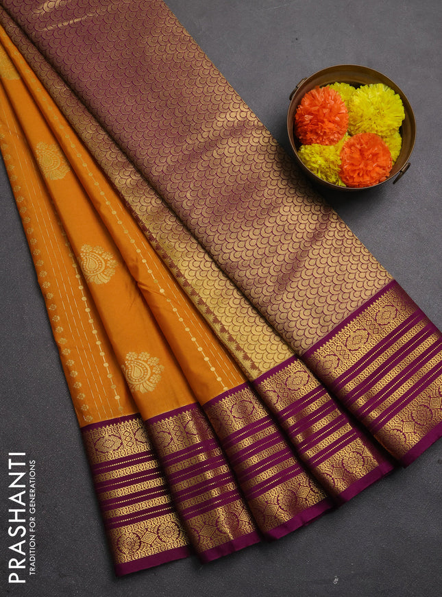 Semi kanchipuram silk saree mustard yellow and magenta pink with zari woven buttas and zari woven border