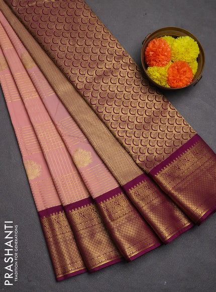 Semi kanchipuram silk saree pastel pink and magenta pink with allover zari checks & buttas and zari woven border
