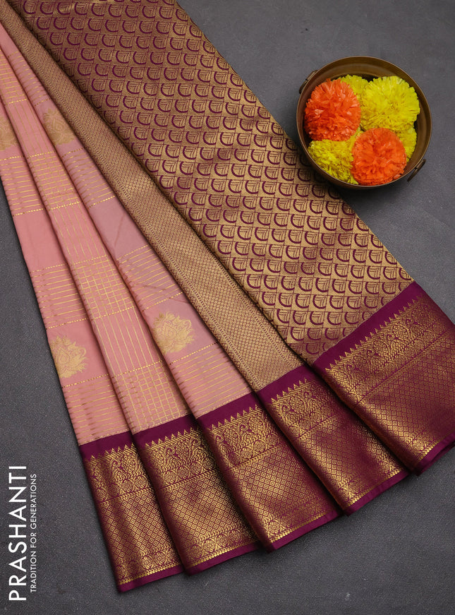 Semi kanchipuram silk saree pastel pink and magenta pink with allover zari checks & buttas and zari woven border