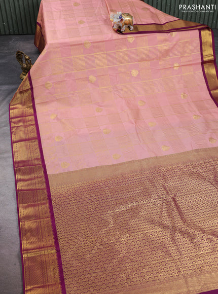 Semi kanchipuram silk saree pastel pink and magenta pink with allover zari checks & buttas and zari woven border