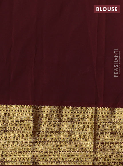 Semi kanchipuram silk saree mustard green and maroon with allover zari weaves and long zari woven korvai border