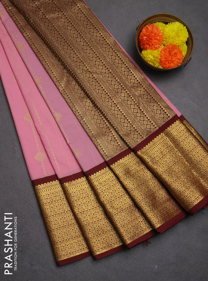 Semi kanchipuram silk saree light pink and maroon with allover zari weaves and long zari woven korvai border