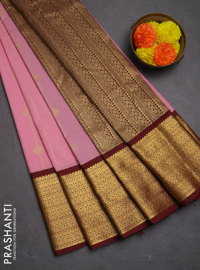 Semi kanchipuram silk saree light pink and maroon with allover zari weaves and long zari woven korvai border