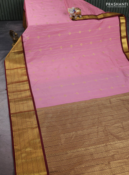 Semi kanchipuram silk saree light pink and maroon with allover zari weaves and long zari woven korvai border