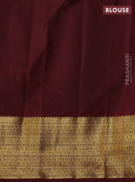 Semi kanchipuram silk saree mustard yellow and maroon with allover zari weaves and zari woven korvai border