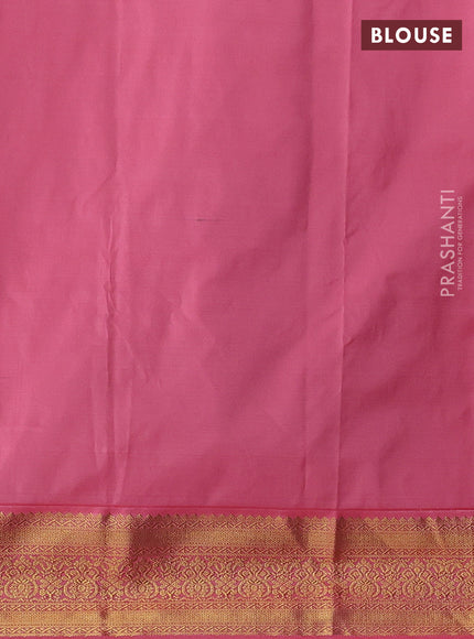 Semi kanchipuram silk saree teal blue and peach pink with allover zari weaves and zari woven korvai border