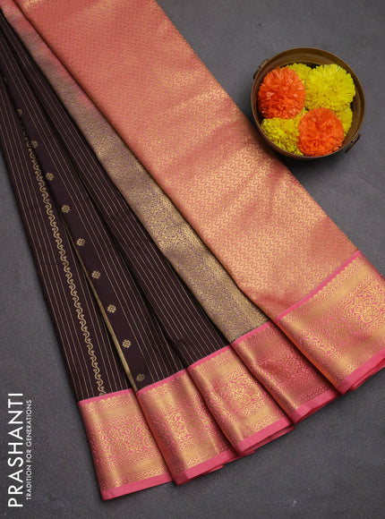Semi kanchipuram silk saree coffee brown and peach pink with allover zari weaves and zari woven korvai border